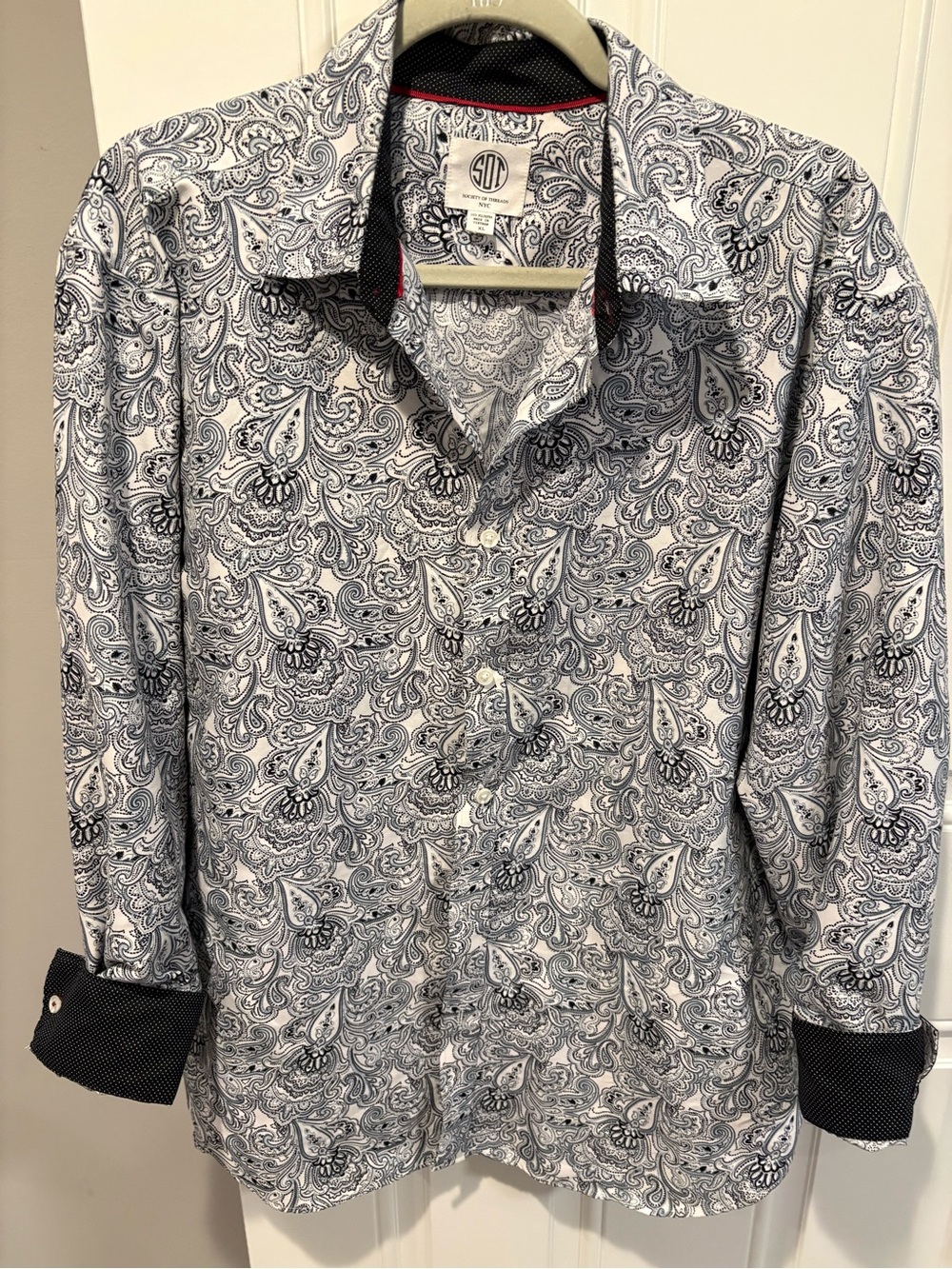 Society of Threads white  & Navy Paisley Long-Sleeve Dress Shirt